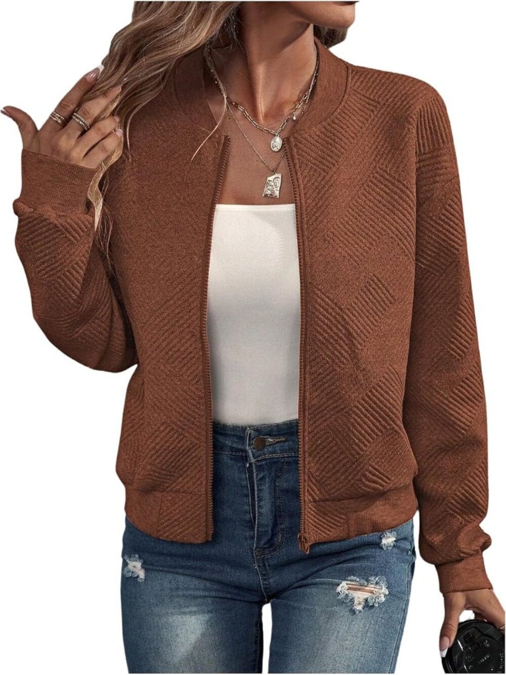Women's Rust Brown Ribbed Cuffs Long Sleeve Baseball Neckline Bomber Jacket